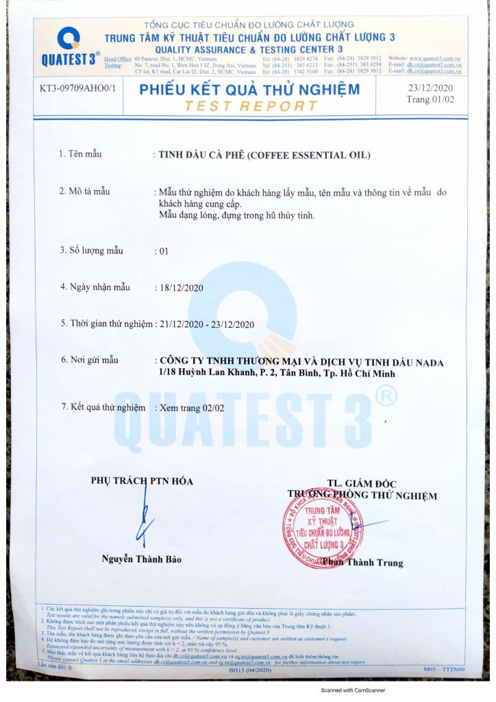 Giấy kiểm định tinh dầu cà phê