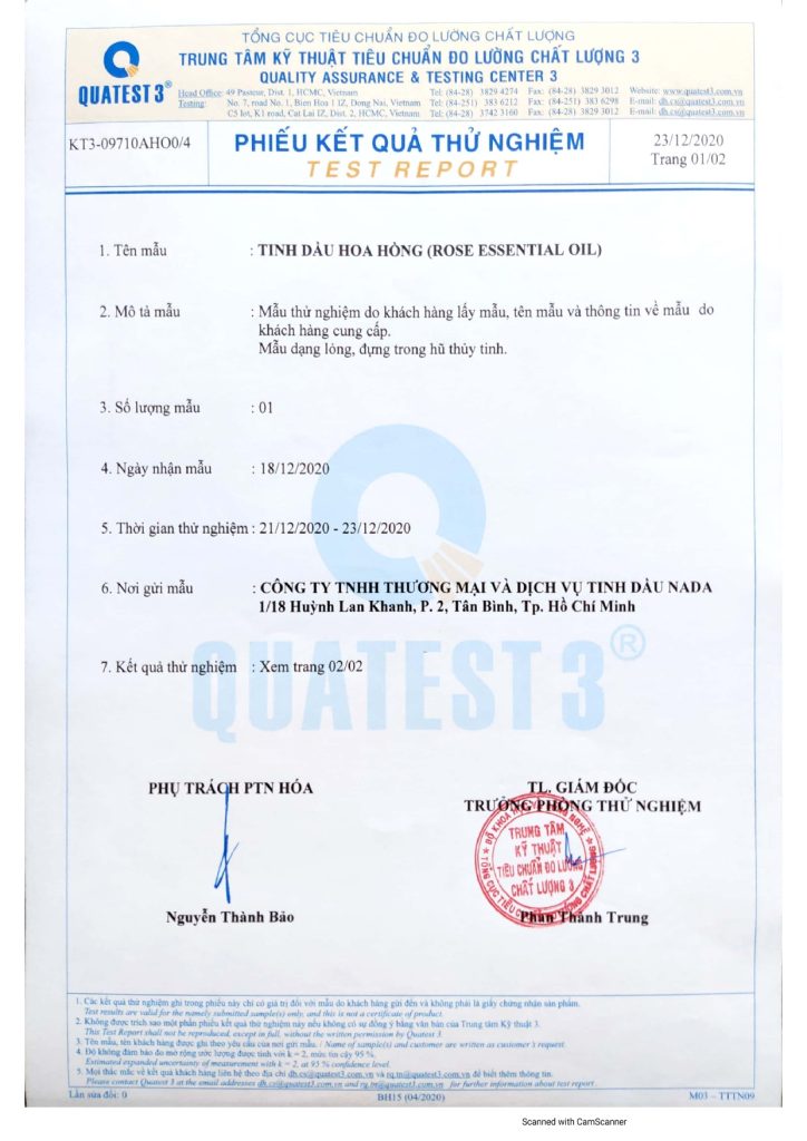 Giấy kiểm định tinh dầu hoa hồng