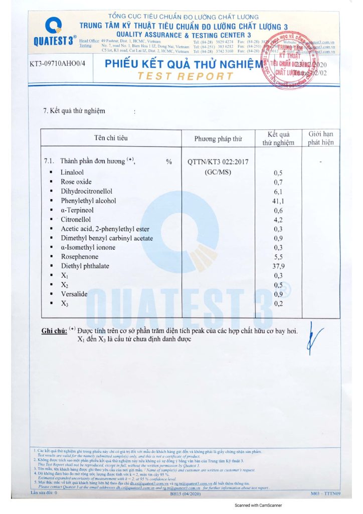 Giấy kiểm định tinh dầu hoa hồng
