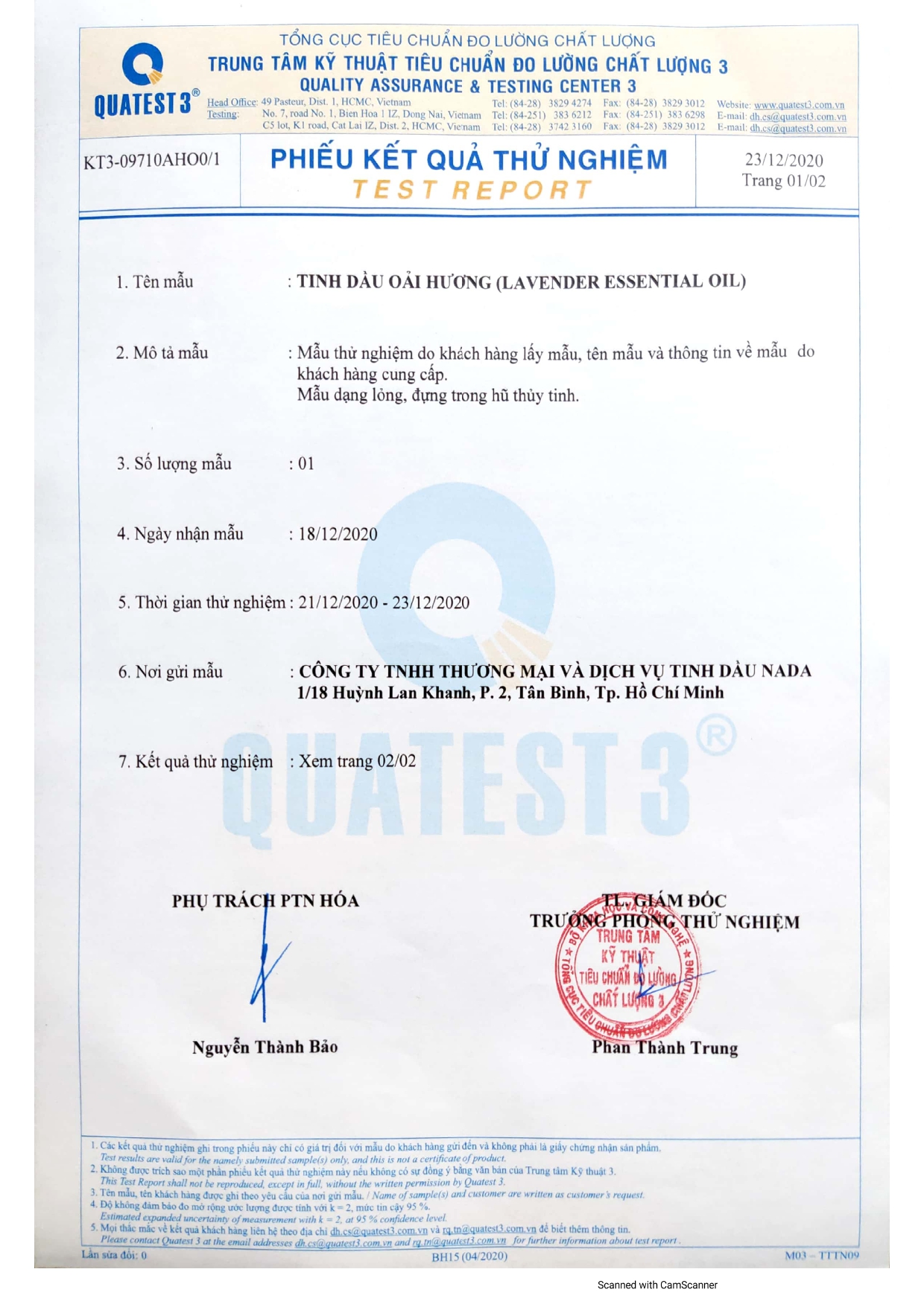 Giấy kiểm định tinh dầu oải hương