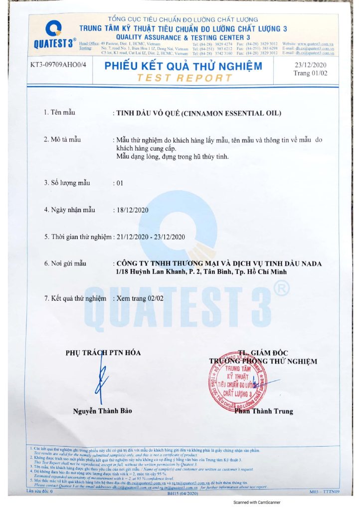 Giấy kiểm định tinh dầu quế