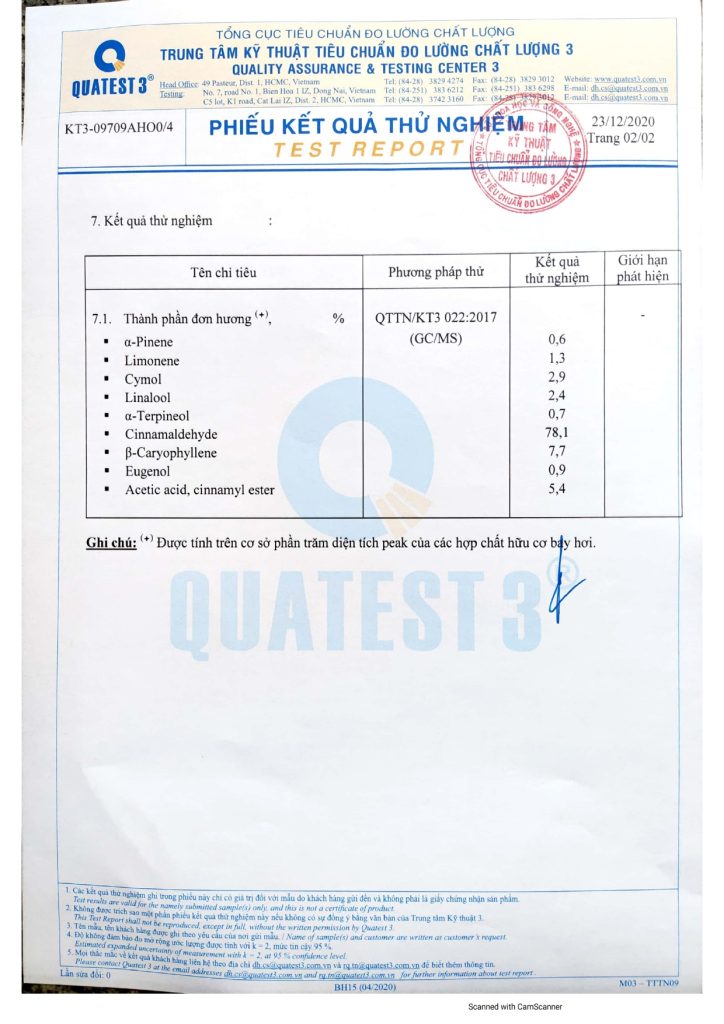 Giấy kiểm định tinh dầu quế