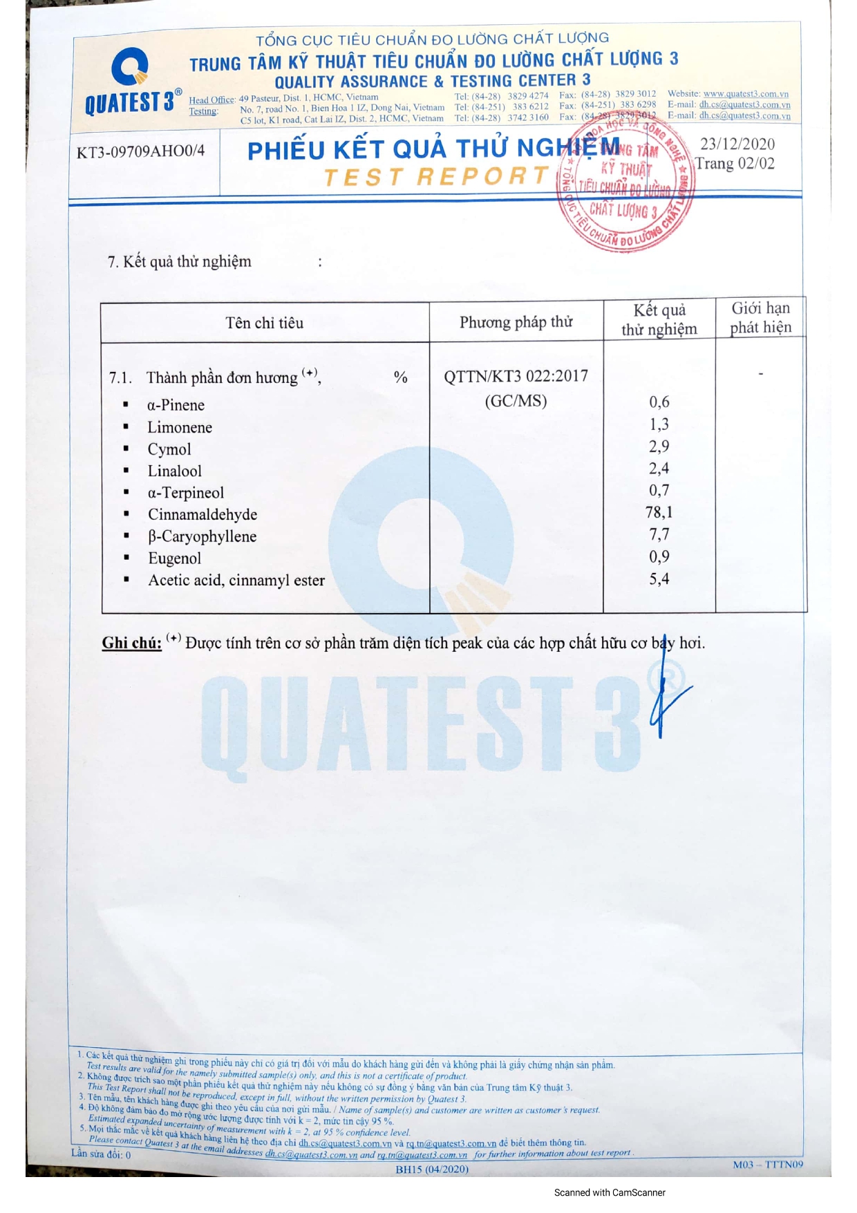 Giấy kiểm định tinh dầu quế