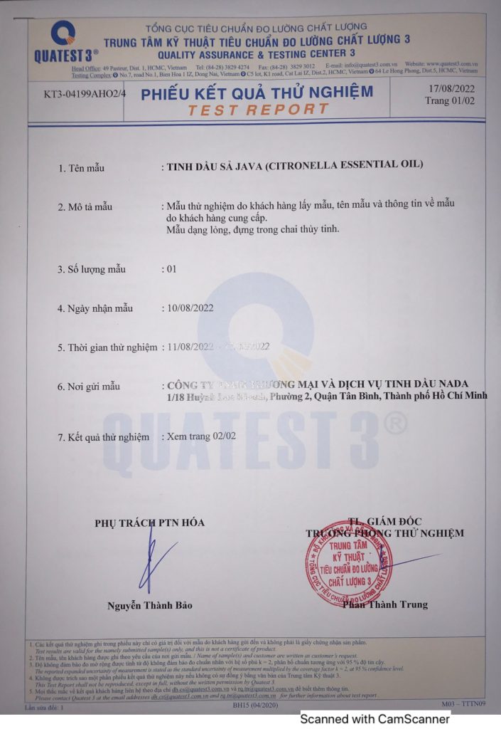Giấy kiểm định tinh dầu sả