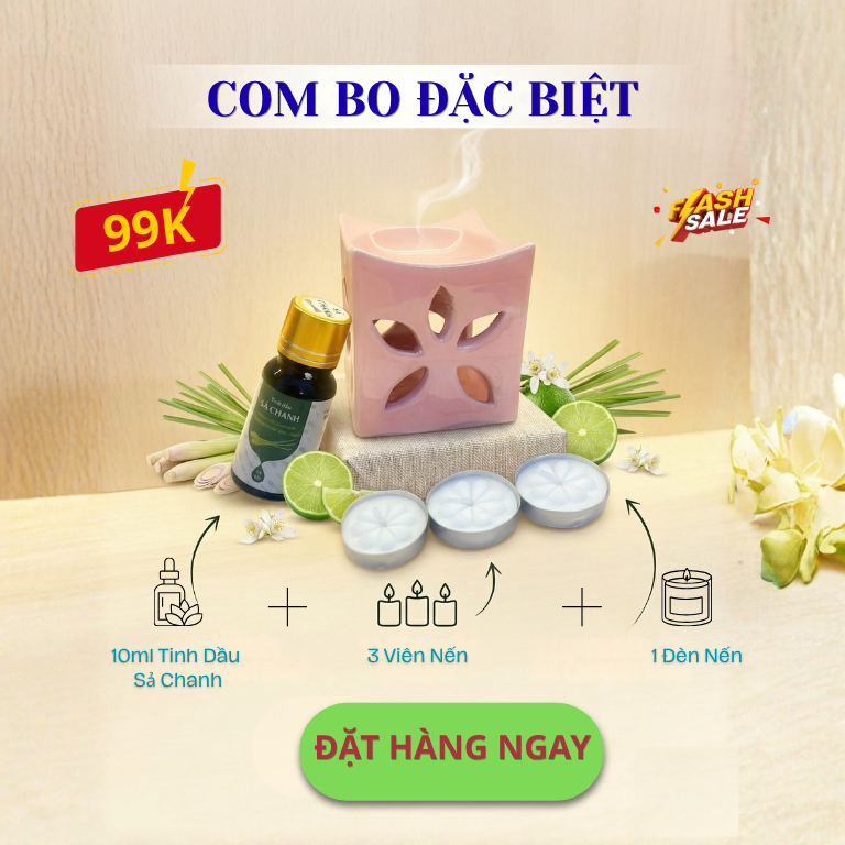 combo 1 đèn nến+ 3v nến+ 10ml tinh dầu Sả Chanh